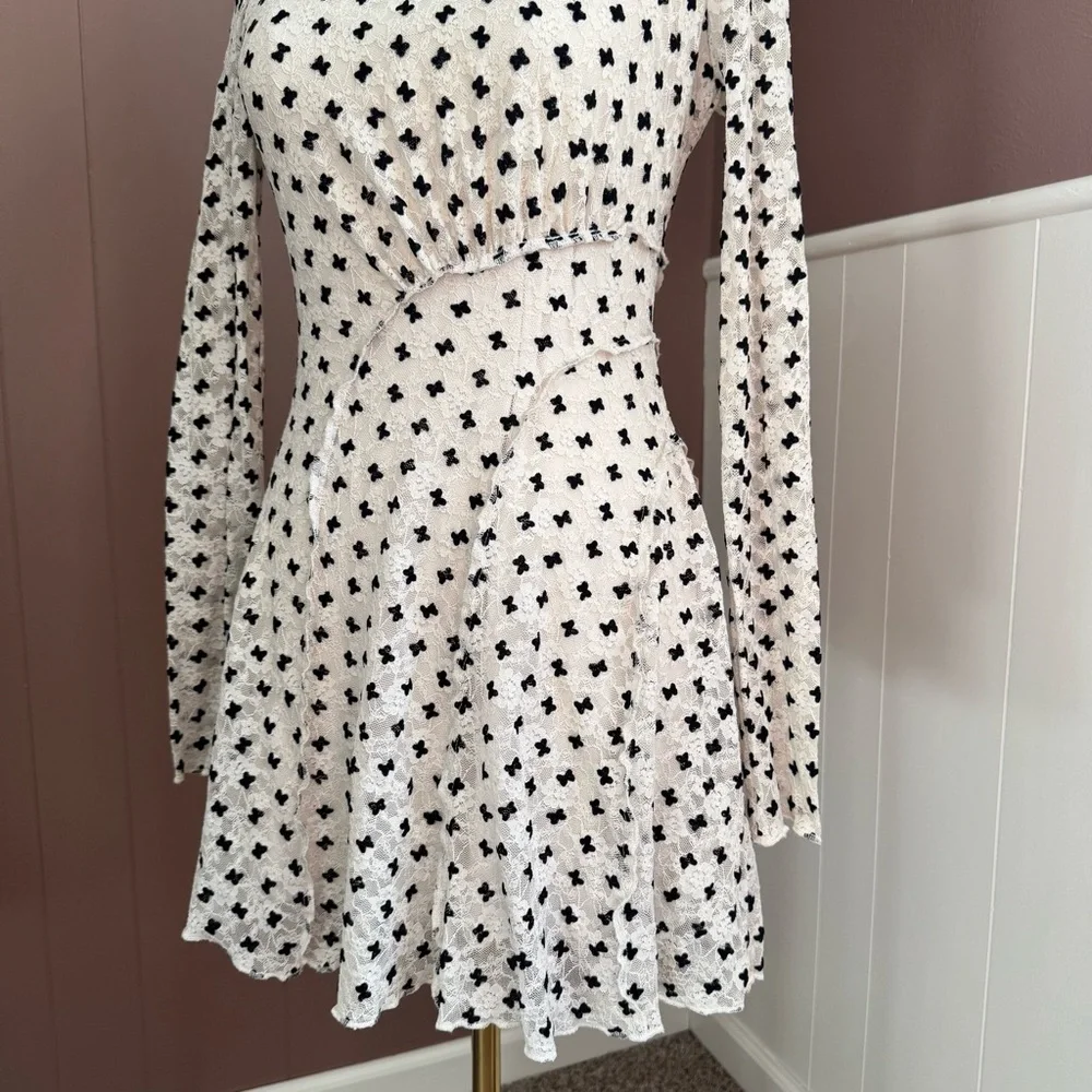Free People Cream Long Sleeve Mini Dress with Black Dot Print